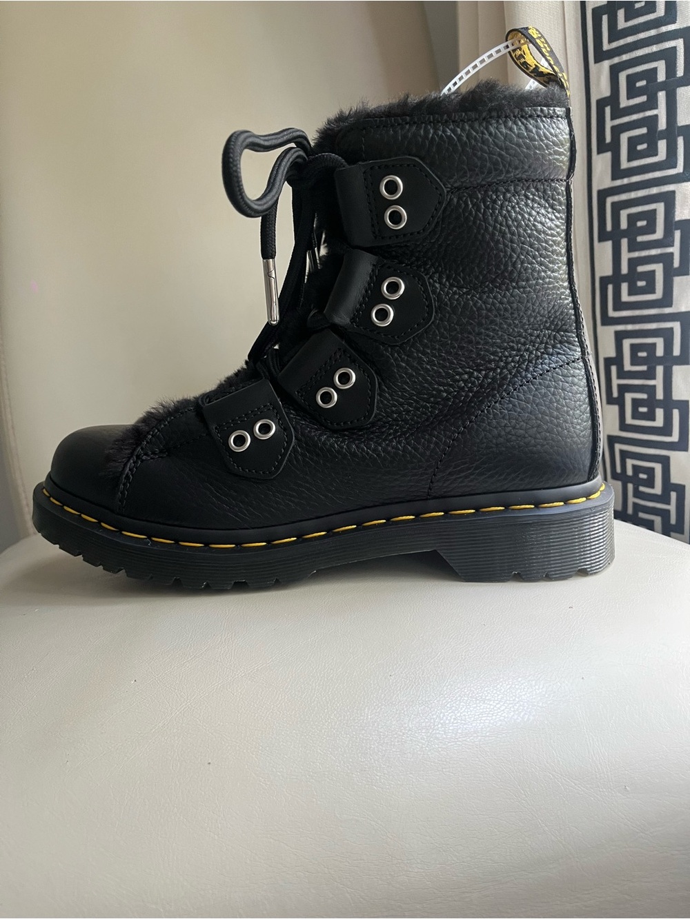 Dr. Martens Black Leather Lace-Up Fur-Trim Ankle Boot with Yellow Stitching
